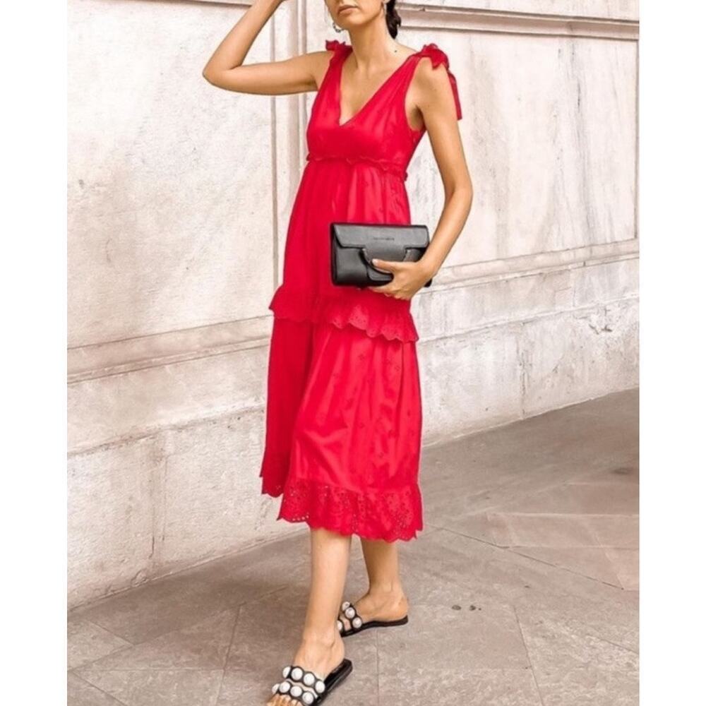 Zara‎ Red Openwork Eyelet Midi Dress M Embroidered Ruffle Tiered Resort Cottage